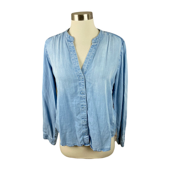 Anthropologie Cloth & Stone S Blue Chambray Smocked Back V Neck Button Shirt - Picture 1 of 3